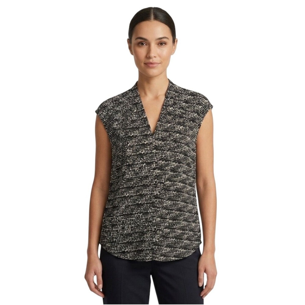 Vince Camuto Black and White Abstract Print V Neck Blouse